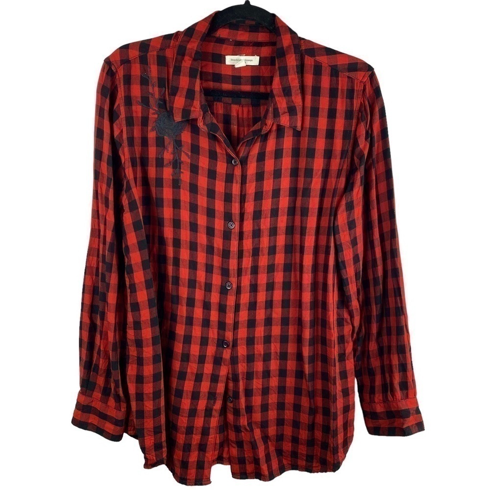 ✨3/$21✨ Beach Lunch Lounge Cabincore Buffalo Plaid Button Down Shirt Large - Picture 2 of 11
